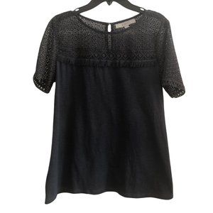 Loft Steel Gray Lace and Fringe Short Sleeve Slub Top XS